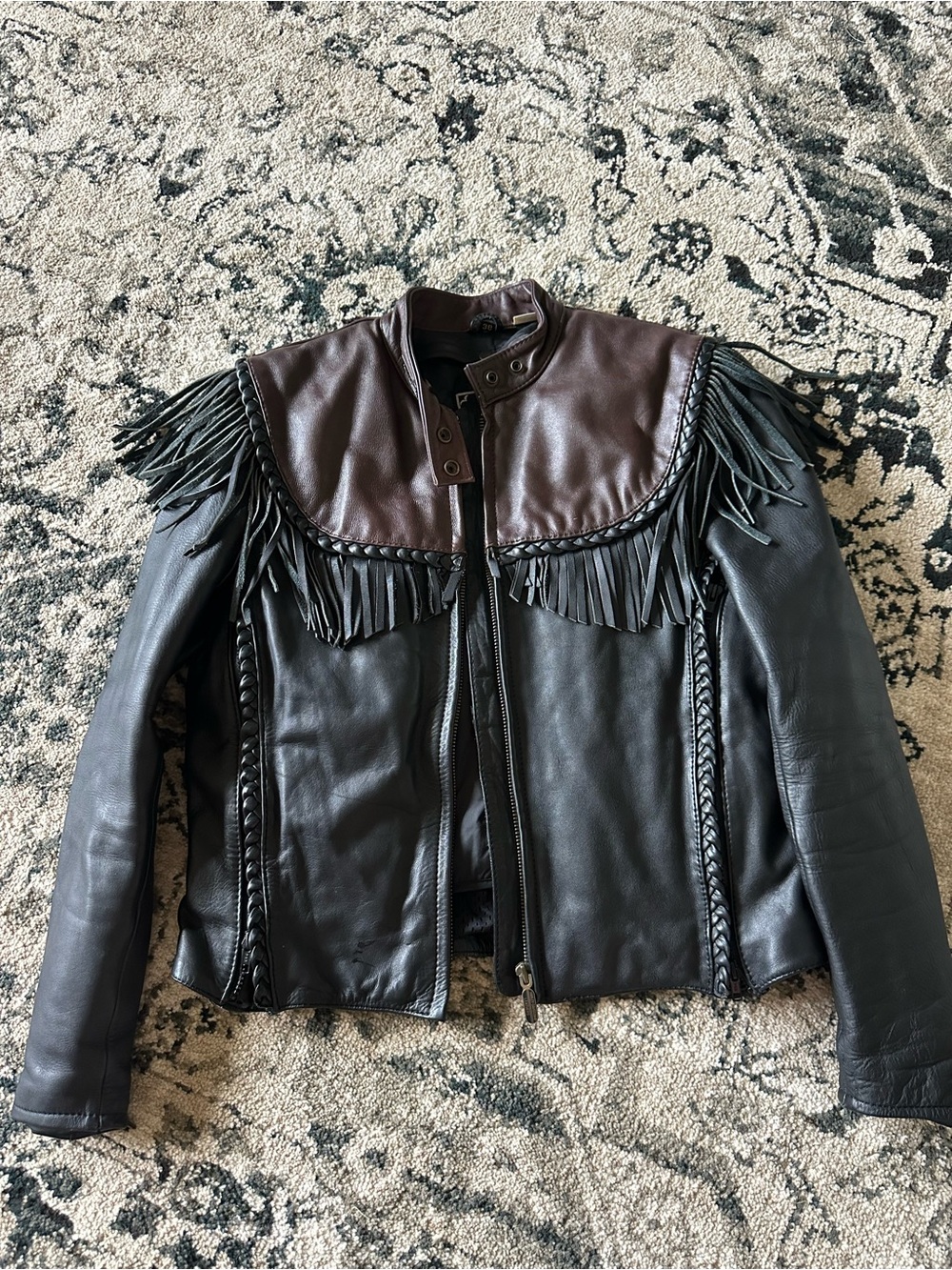 Harley-Davidson Black Leather Jacket with Brown Shoulder Yoke and Fringe
